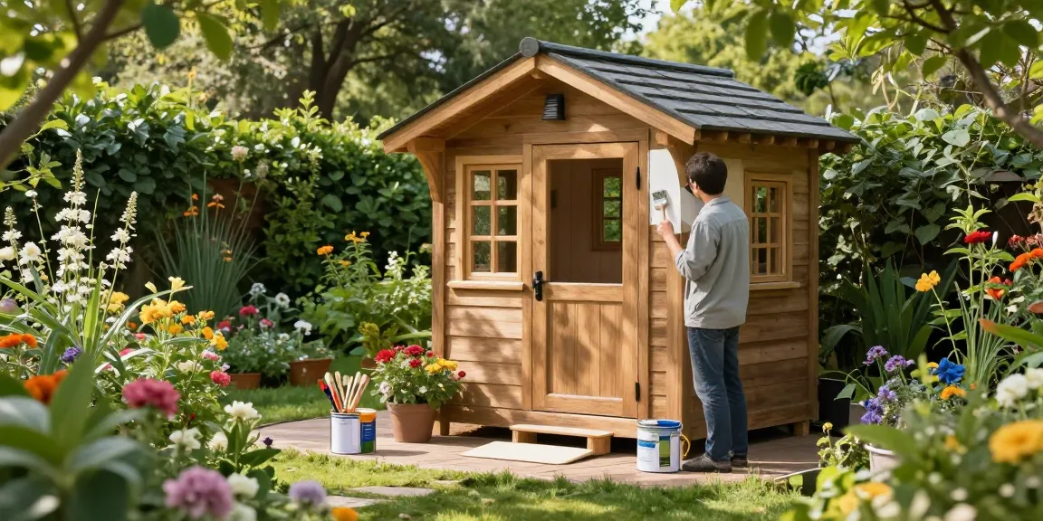 Gartenhaus Holz in einem blühenden Garten, ein Hausbesitzer streicht es liebevoll mit Farben.