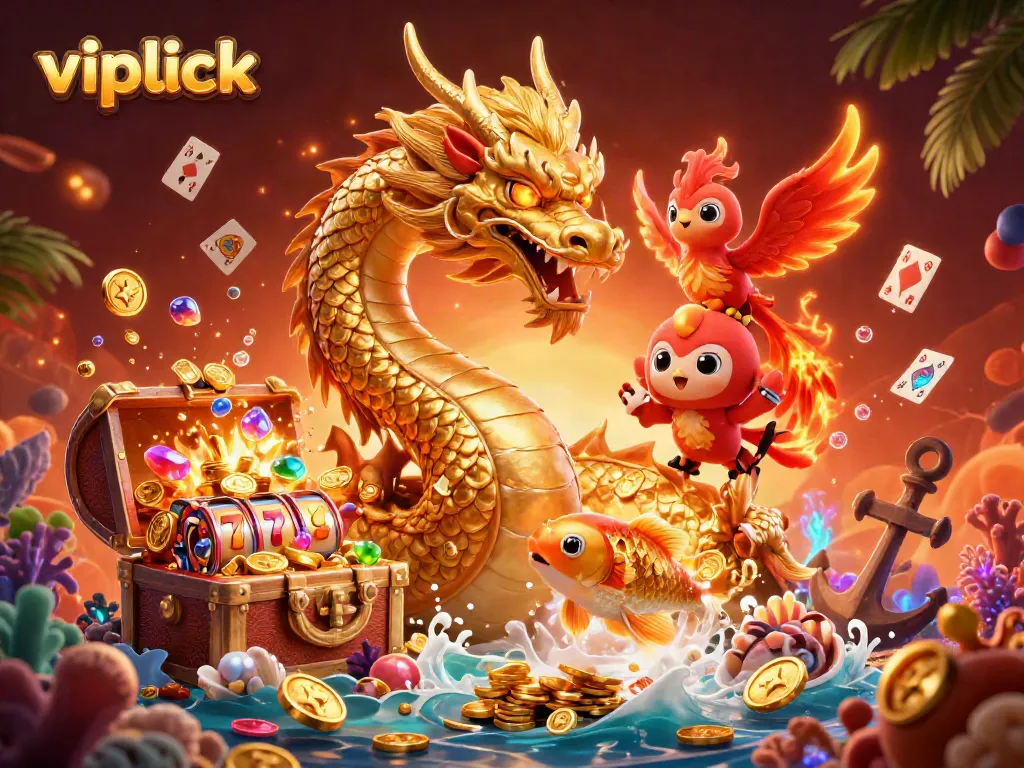 Engage with vipluck's vibrant casino experience featuring a majestic dragon and lucky symbols.