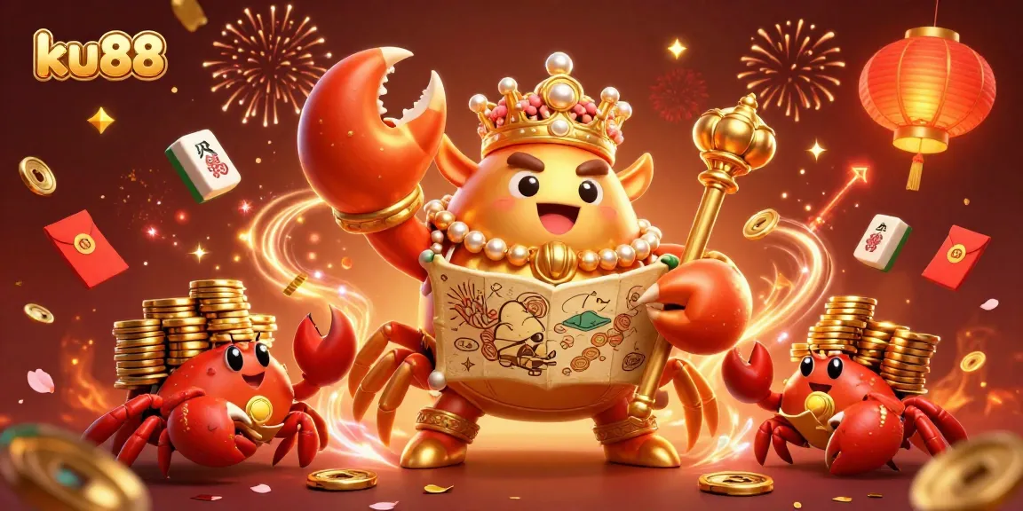 Join ku88's exciting adventure with a golden crab emperor in a vibrant casino scene!