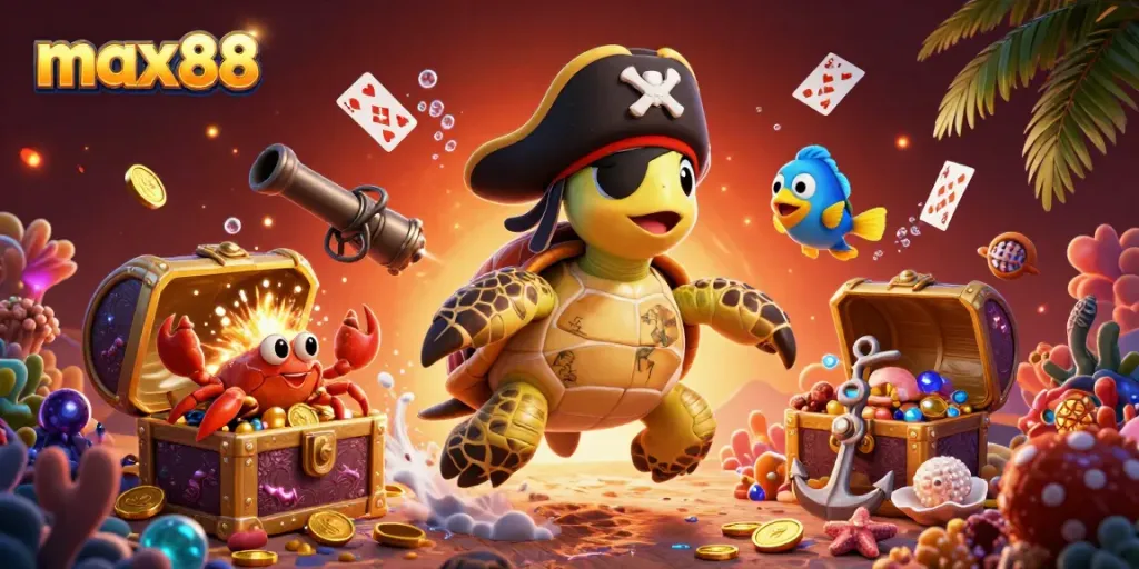 Experience the thrill of max88 with a pirate turtle and friends in a dynamic underwater treasure scene.