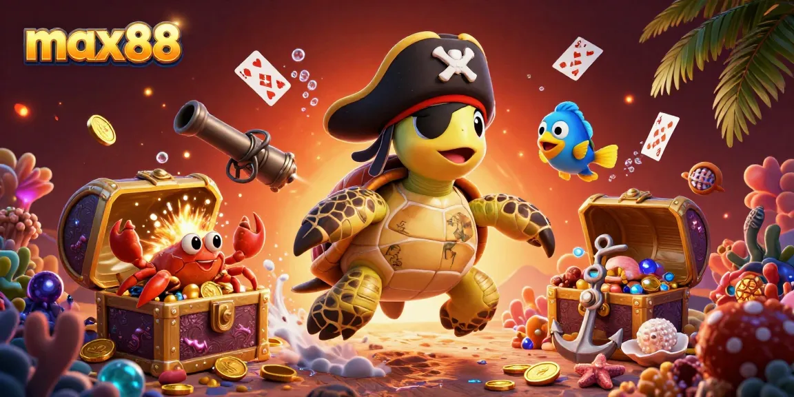 Experience the thrill of max88 with a pirate turtle and friends in a dynamic underwater treasure scene.