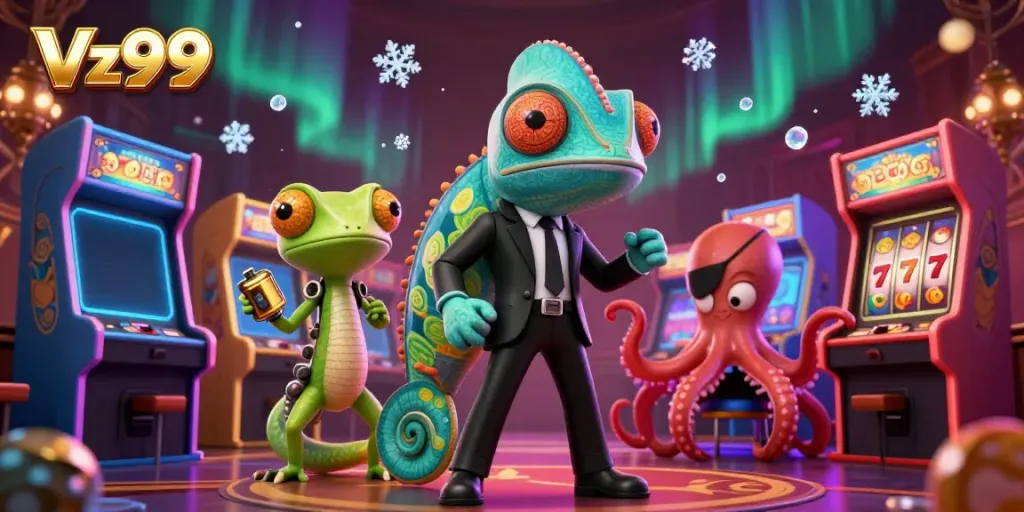 Engage with Vz99's thrilling gaming universe featuring dynamic characters and slot-themed visuals.