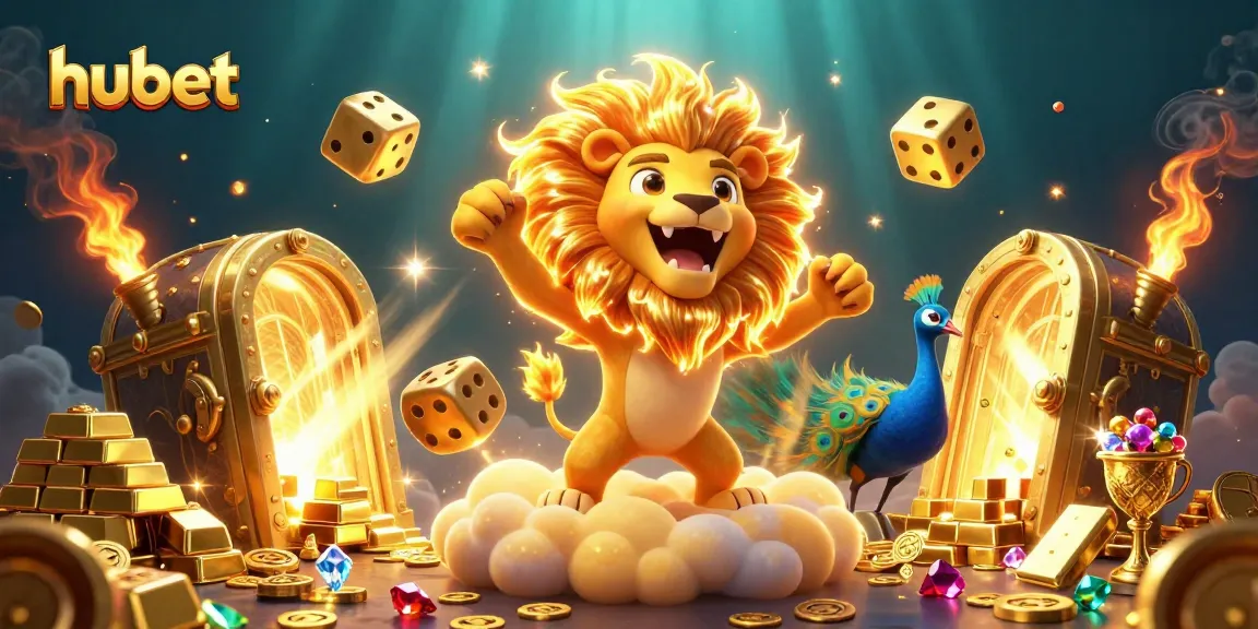 Engage with hubet's vibrant 3D casino art featuring a roaring sun lion and golden elements.