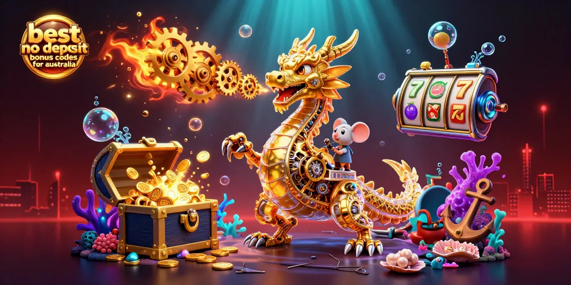 Play with the best no deposit bonus codes for Australia in a vibrant casino-themed illustration.