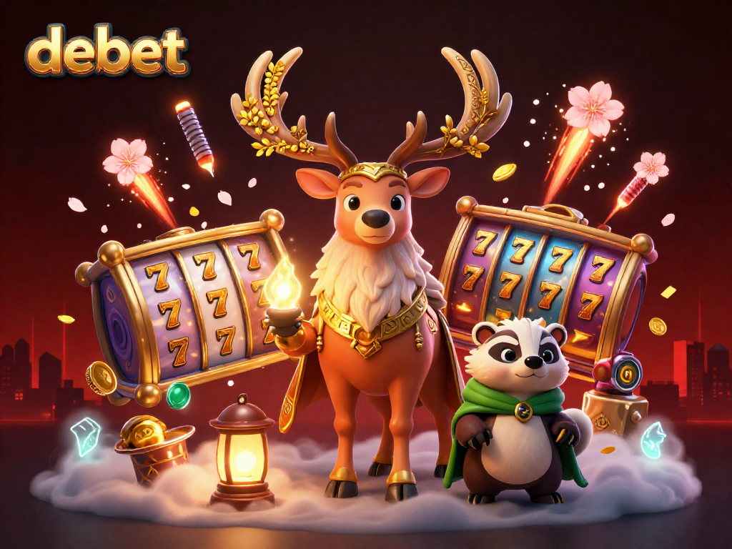 Play slots and win big with debet in an ultra-detailed fantasy casino illustration.