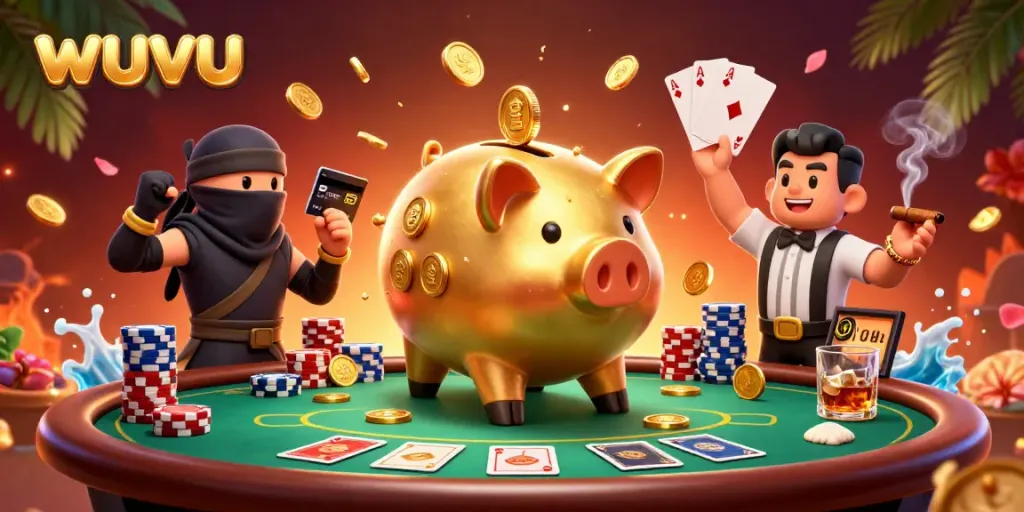 Experience the lively world of wuvu with a golden piggy bank sumo wrestler and friends in a vibrant casino scene.