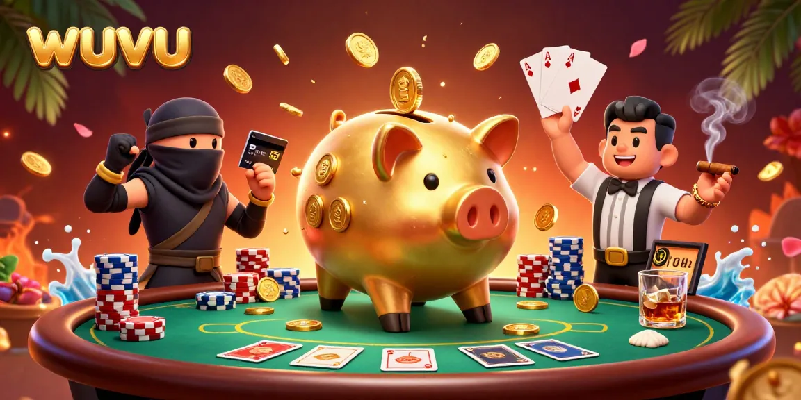 Experience the lively world of wuvu with a golden piggy bank sumo wrestler and friends in a vibrant casino scene.