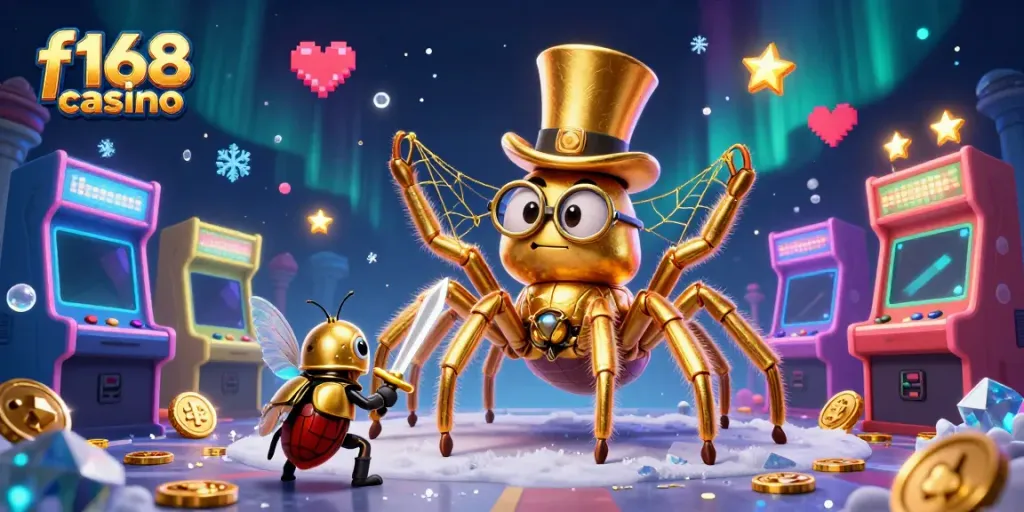 Engage in the thrilling world of f168 casino, featuring a golden tarantula and a beetle knight in a vibrant gambling scene.