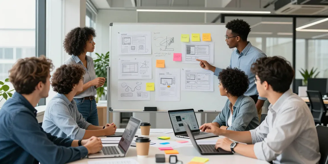 Kollaborative Brainstorming-Sitzung des Teams für das Web Design Berater Projekt in einem modernen Büro.