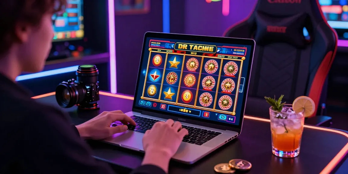 Interactive online casino scene showcasing rokok88 link on laptop amidst vibrant neon lights