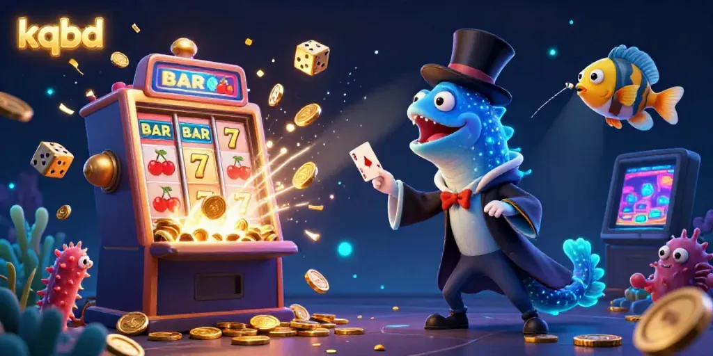 Experience thrilling card tricks by kqbd's bioluminescent characters in a vibrant casino scene.