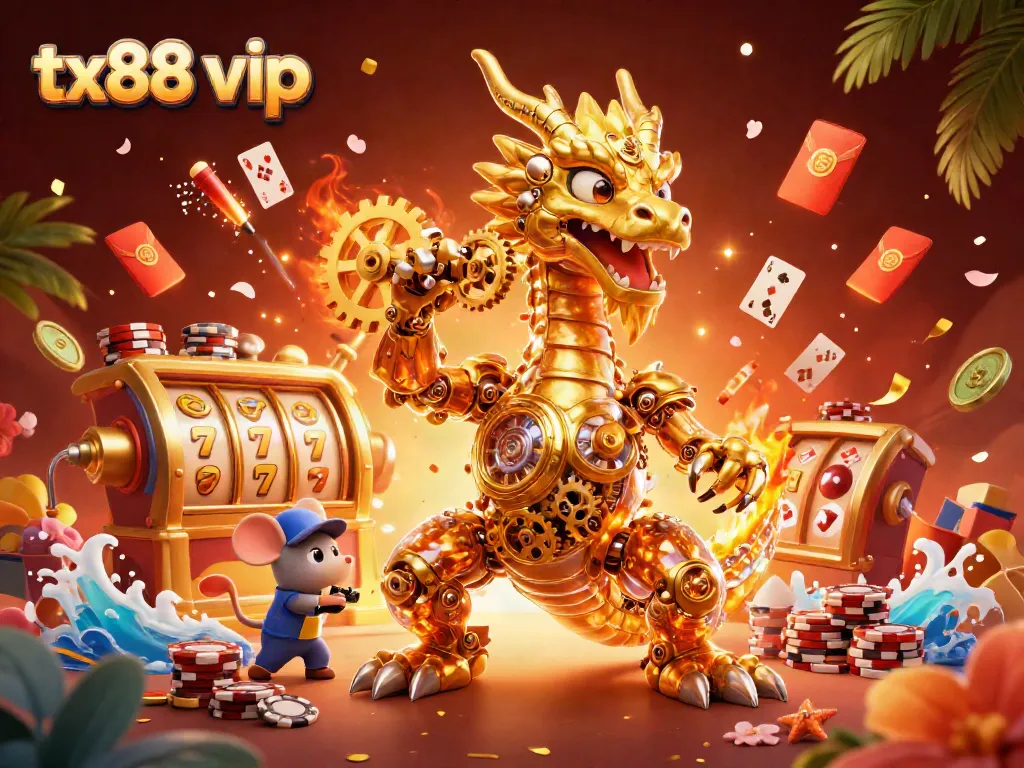 Play at tx88 vip with a vibrant dragon and golden casino elements enhancing the thrilling experience.