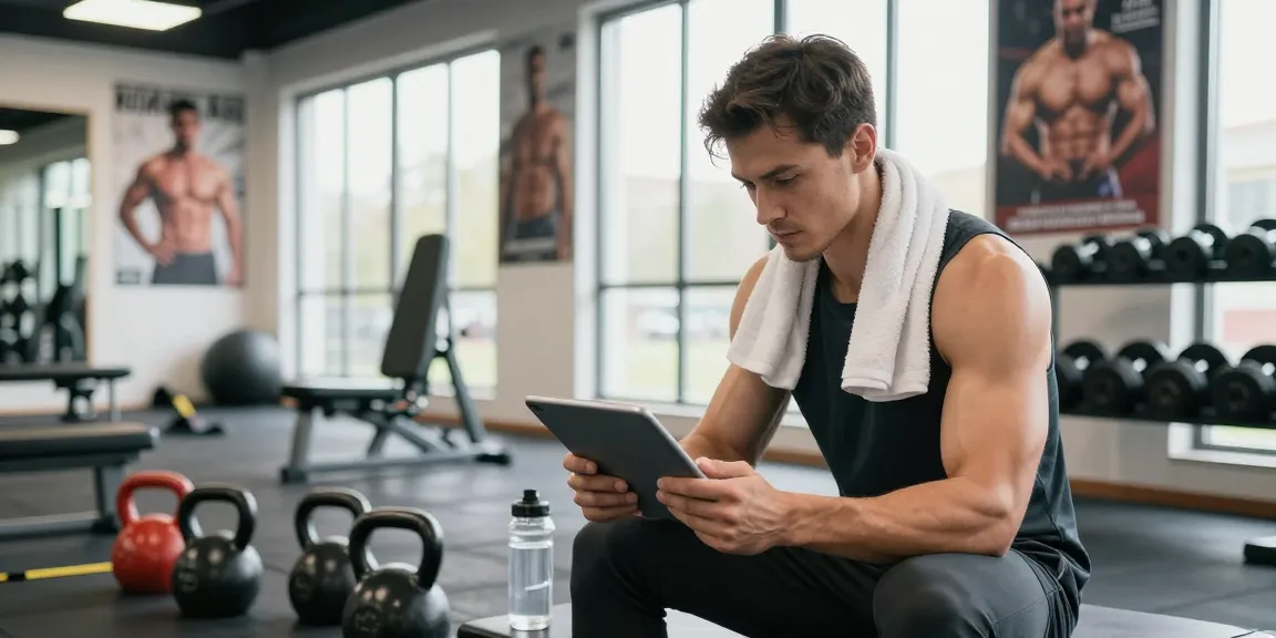 Fitnessbegeisterter, der mit Technologie im Anabolika Shop Deutschland interagiert, um das Muskelwachstum in einem modernen Fitnessstudio zu fördern.