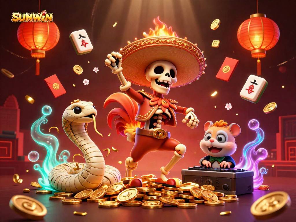 SUNWIN brings excitement to life with a vibrant 3D illustration of a rooster and friends celebrating on winning coins.