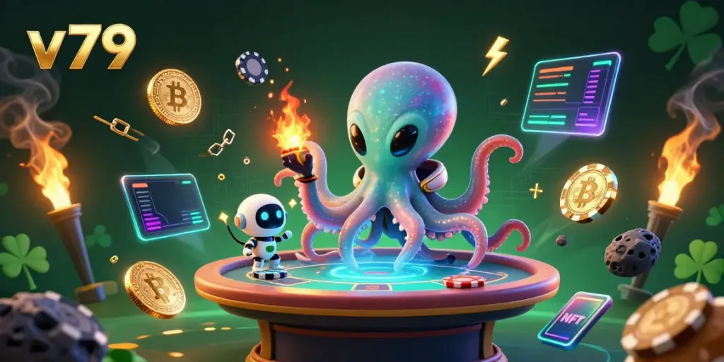 Win big with v79 at this cosmic poker table featuring alien octopus and crypto elements.