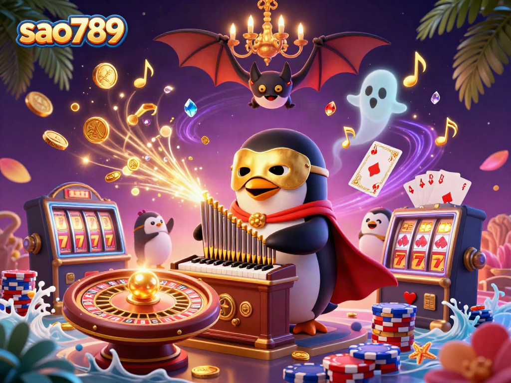 Experience thrilling casino action with sao789 in this vibrant 3D illustration showcasing exciting games and animated characters.