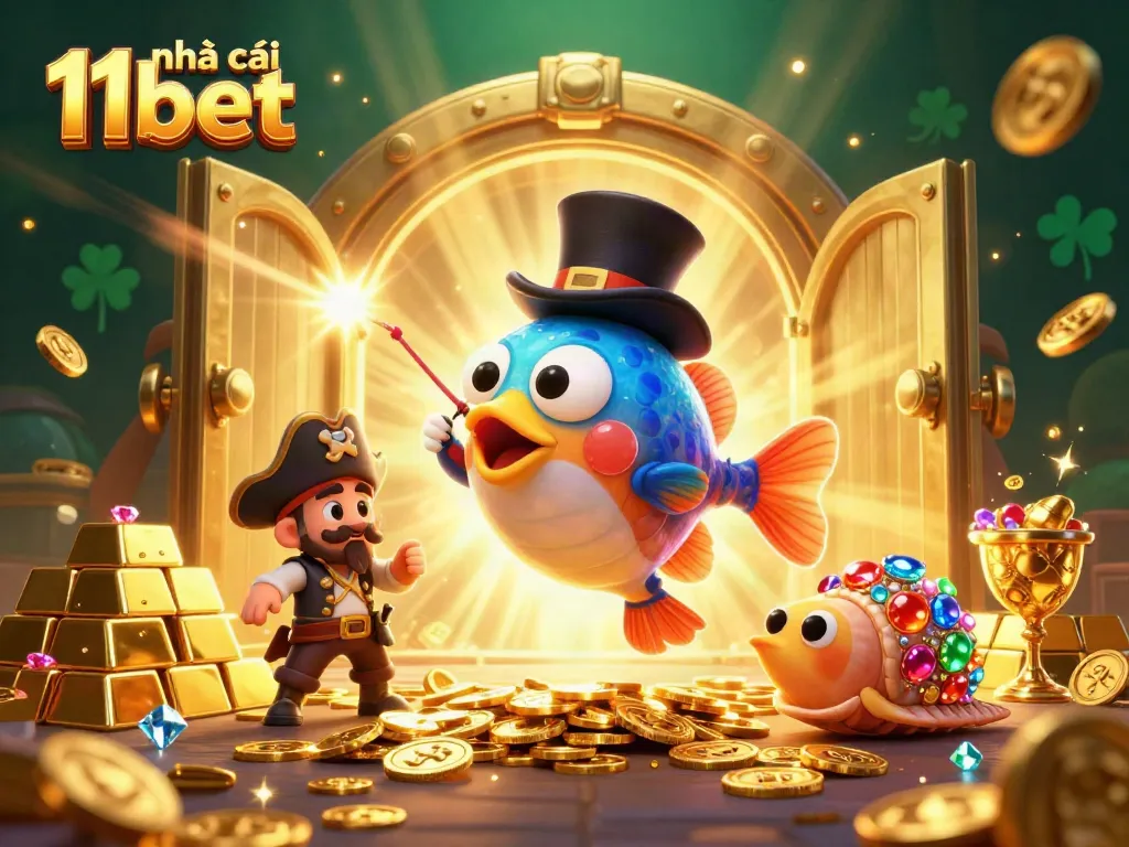 Experience the thrill at nhà cái 11bet with vibrant characters and treasures in an exciting casino scene.