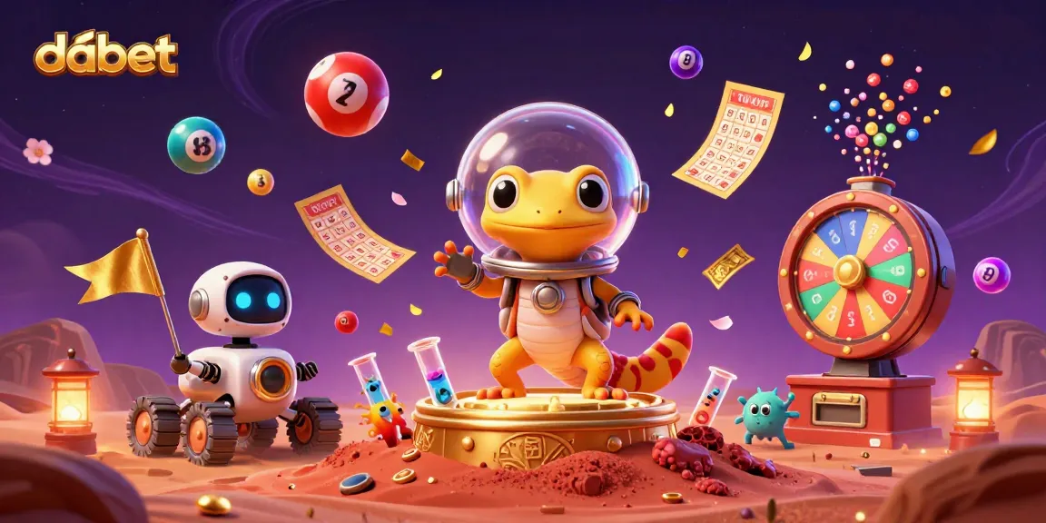 dabet showcases a lively Martian gecko and robot exploring a golden casino amidst vibrant lottery elements.
