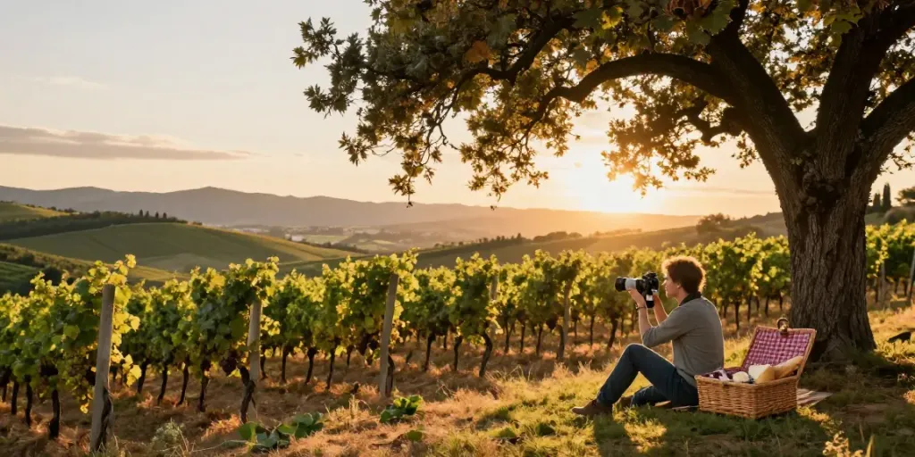 Genussvolle Weinregionen mit Weinliebhaber beim Fotografieren einer Flasche umgeben von Weinreben.