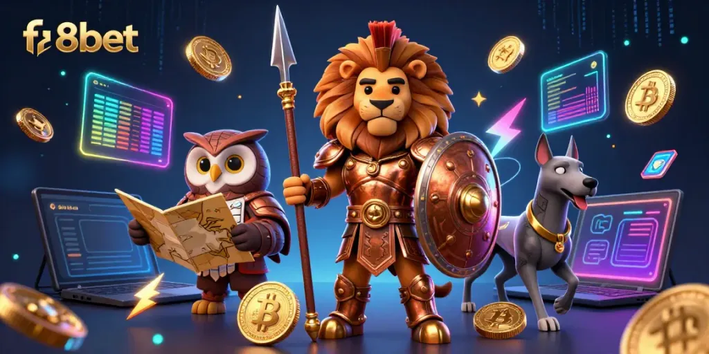 Experience thrilling gameplay with the f8bet Spartan lion and crypto symbols in a vibrant digital scene.