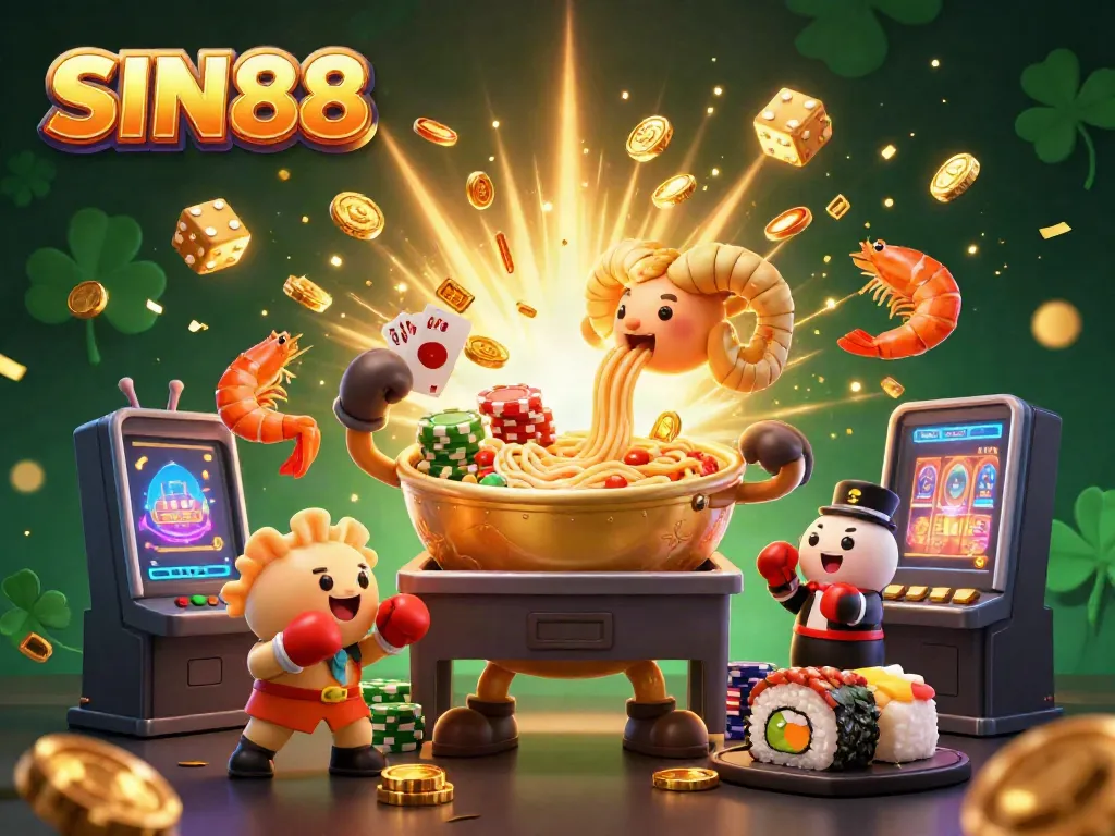 SIN88 showcases a vibrant casino scene with a cartoon ramen bowl dealer, jackpot explosions, and dazzling graphics.