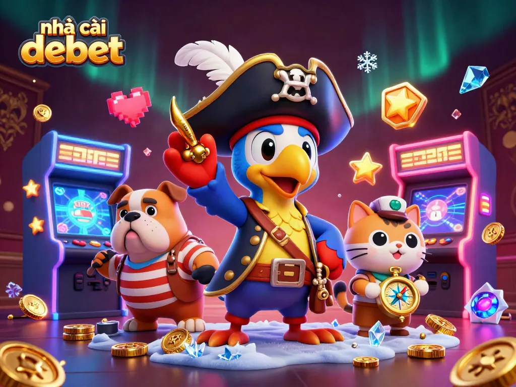 Engage with the vibrant scene of nhà cái debet featuring an adventurous pirate crew amidst colorful arcade games.