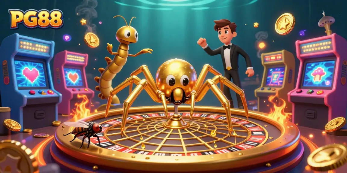 Engage with PG88 in an exciting casino scene featuring a golden spider and colorful game machines.