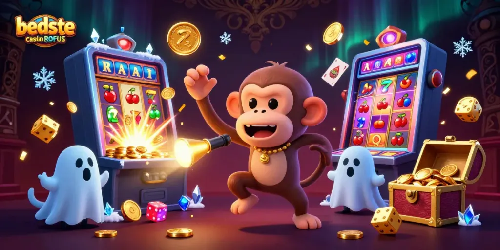 Engage with the beste casino uden ROFUS, featuring a playful poltergeist monkey and a ghost-hunter puppy in a vibrant casino.