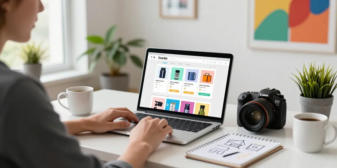 MyNutty.be kreatives E-Commerce-Büro mit Laptop und bunten Produkten.