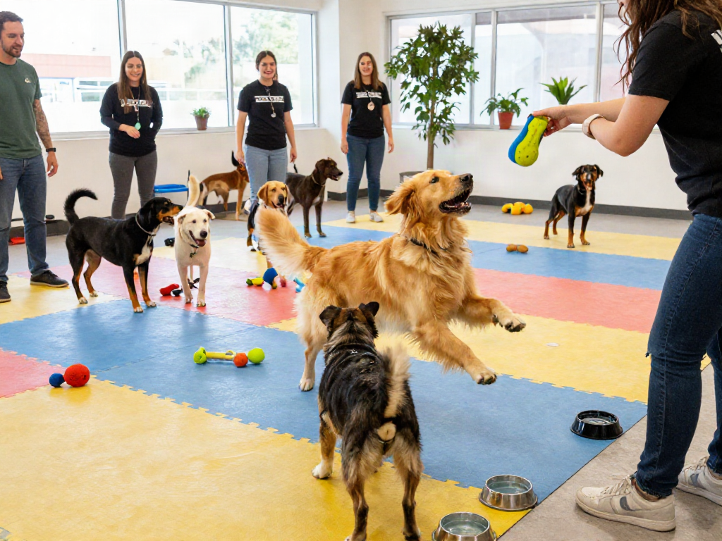 Engaging slot88 experience at a lively doggy daycare with playful dogs and attentive staff.