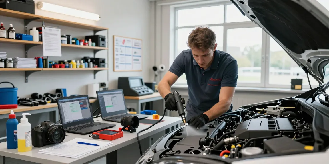 DPF Reinigung Hannover Servicetechniker, der einen detaillierten Dieselpartikelfilterreinigungsprozess in einer hellen Automobilwerkstatt durchführt, wobei Maschinen und Werkzeuge betont werden.