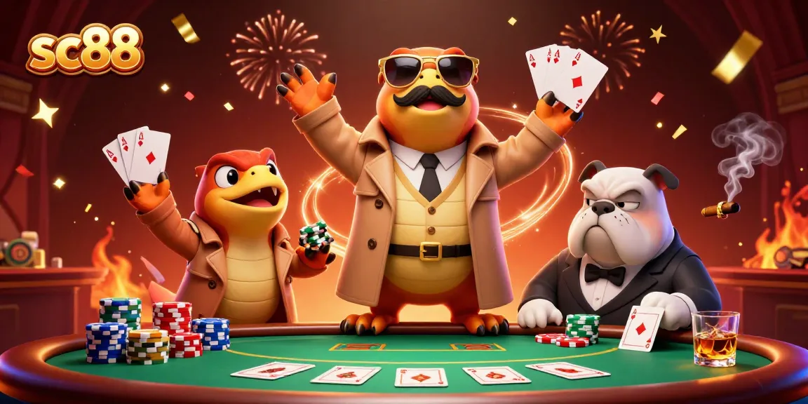 Experience sc88's thrilling VIP entry with raptors in a trench coat at a lively casino scene.