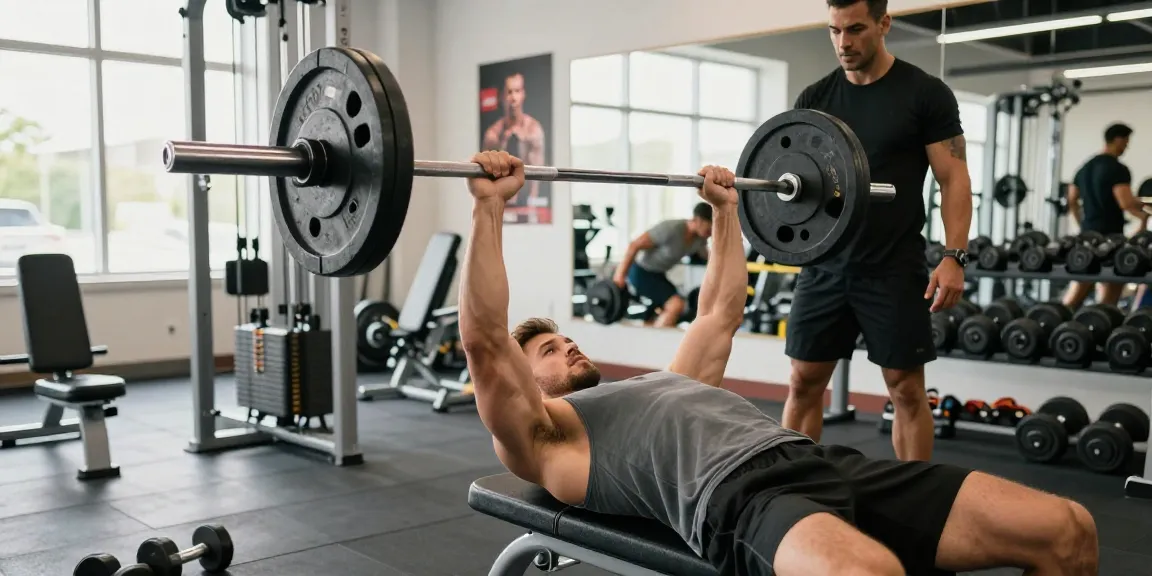 Trainingseinheit im Krafttraining mit einem Benutzer von Prime Pharma Steroiden, der im lebhaften Fitnessstudio Bankdrücken macht.