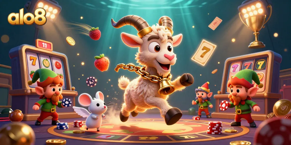 Experience the excitement at alo8 casino with engaging cartoon characters amid vibrant slot machines and gold coins.