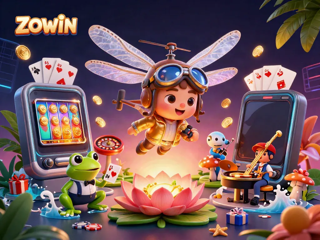 ZOWIN brings vibrant casino fun with a dragonfly pilot, frog croupier, and jazz musicians in a lush setting.