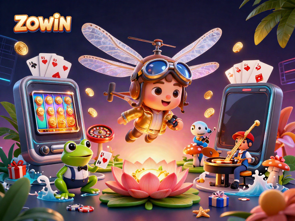 ZOWIN brings vibrant casino fun with a dragonfly pilot, frog croupier, and jazz musicians in a lush setting.