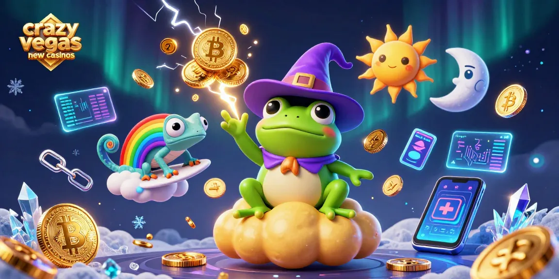 Experience the magic of crazy vegas new casinos with a whimsical digital scene of a frog wizard and a chameleon surfing clouds.