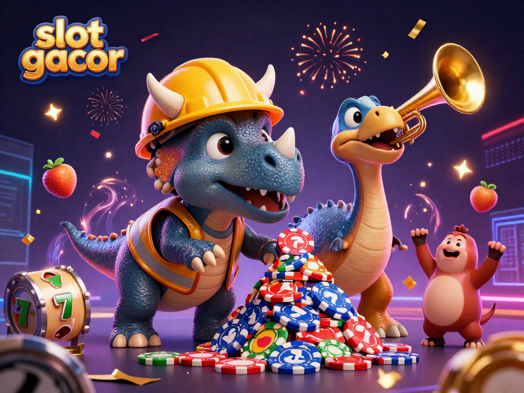 Watch a triceratops celebrate big wins in slot gacor games with colorful slot elements and dynamic confetti.