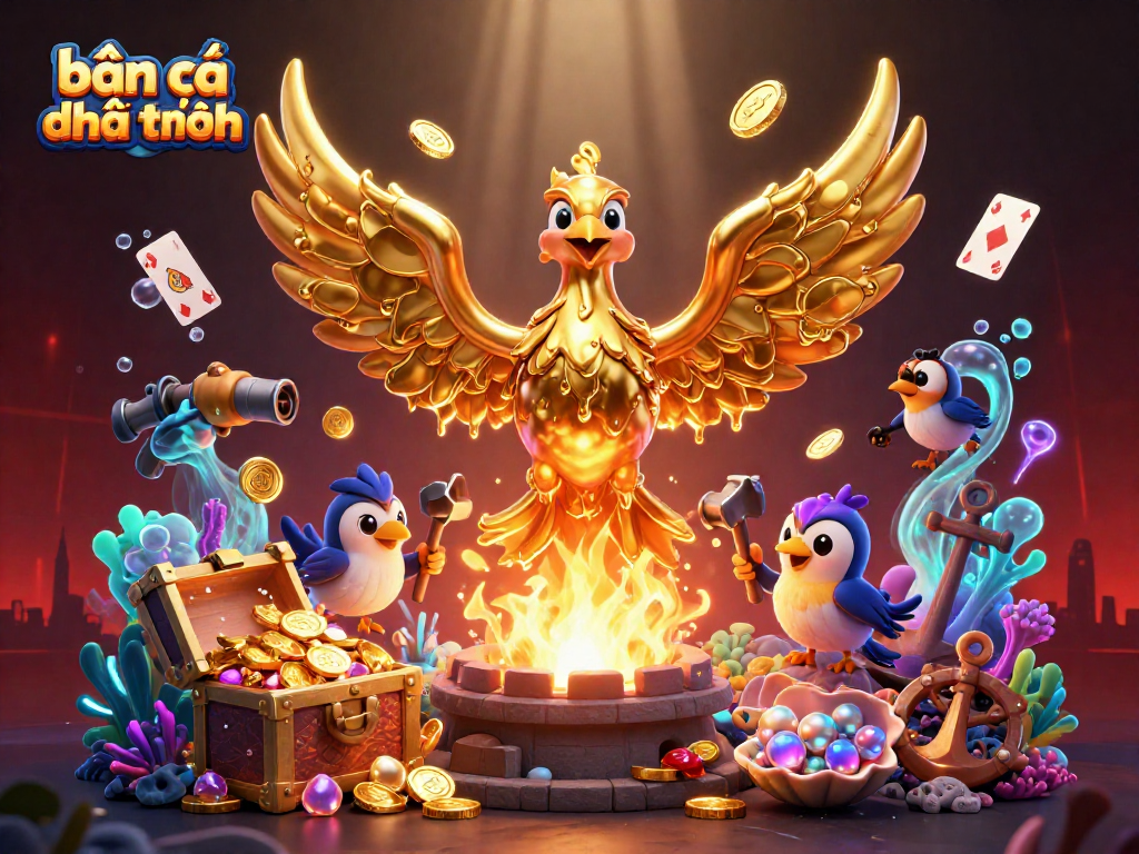 Experience bắn cá đổi thưởng with an ultra-detailed 3D scene featuring a golden phoenix and vibrant gaming elements.