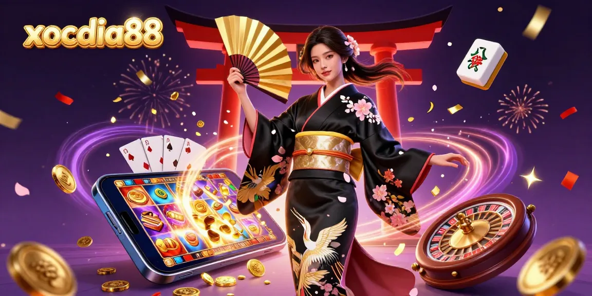 Xocdiaa88 brings excitement with vibrant casino-themed visuals, featuring a woman elegantly showcasing a golden fan in a dynamic 3D illustration.
