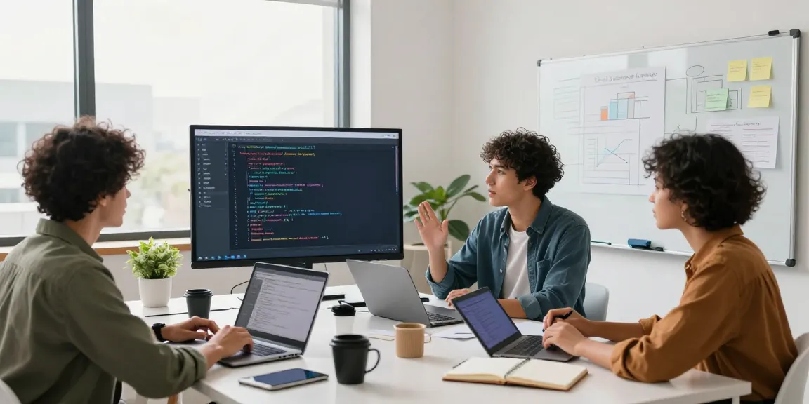 Team collaborating to build internal tools with AI in a modern office, showcasing innovation and teamwork.
