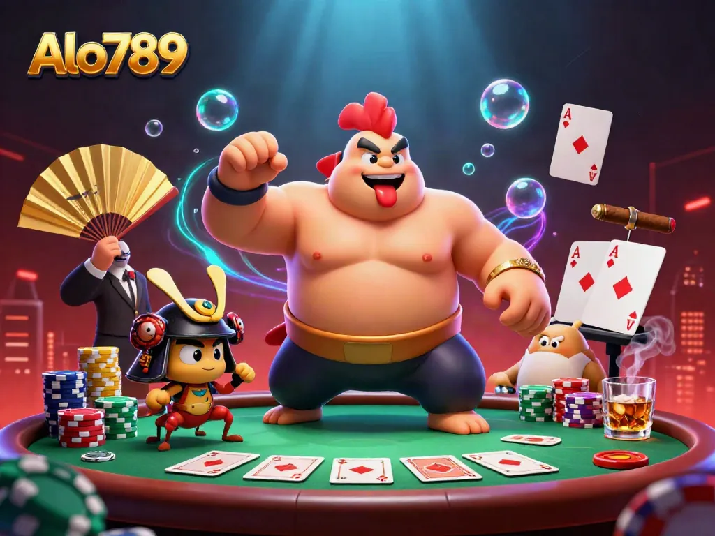 Experience the thrill of betting at Alo789 with lively characters in a stunning casino scene.