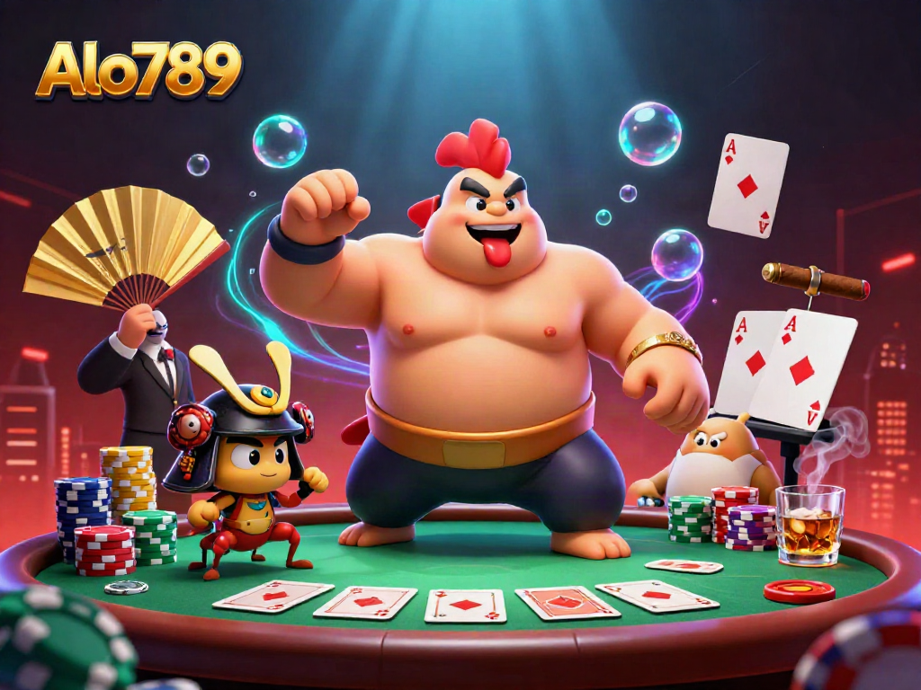 Experience the thrill of betting at Alo789 with lively characters in a stunning casino scene.