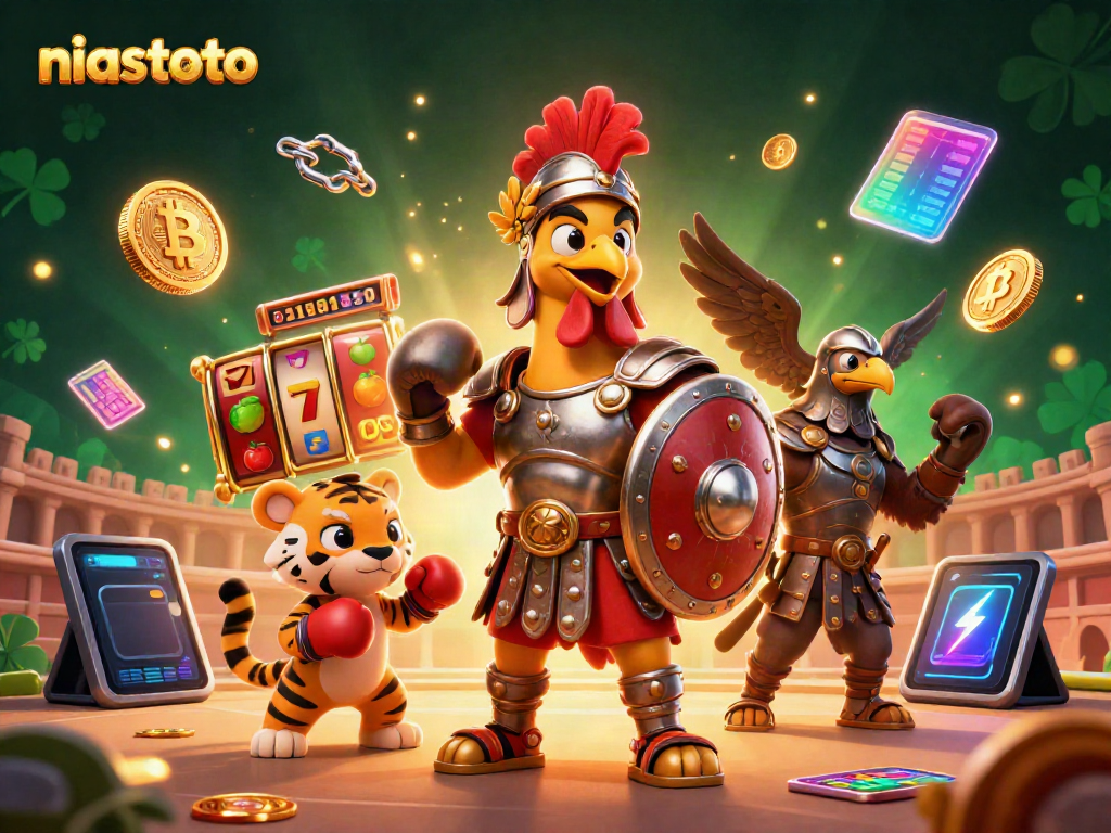 Spin the NIATOTO slots while the rooster and tiger spar in a vibrant arena.