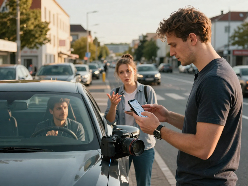 Autoversicherung Dortmund: Junge Fahrerin vergleicht Versicherungsoptionen mit einem Experten im Hintergrund in Dortmund.