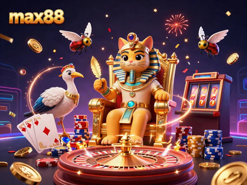 Experience thrilling moments at max88 with a grand casino scene featuring an Egyptian pharaoh cat and vibrant gaming elements.