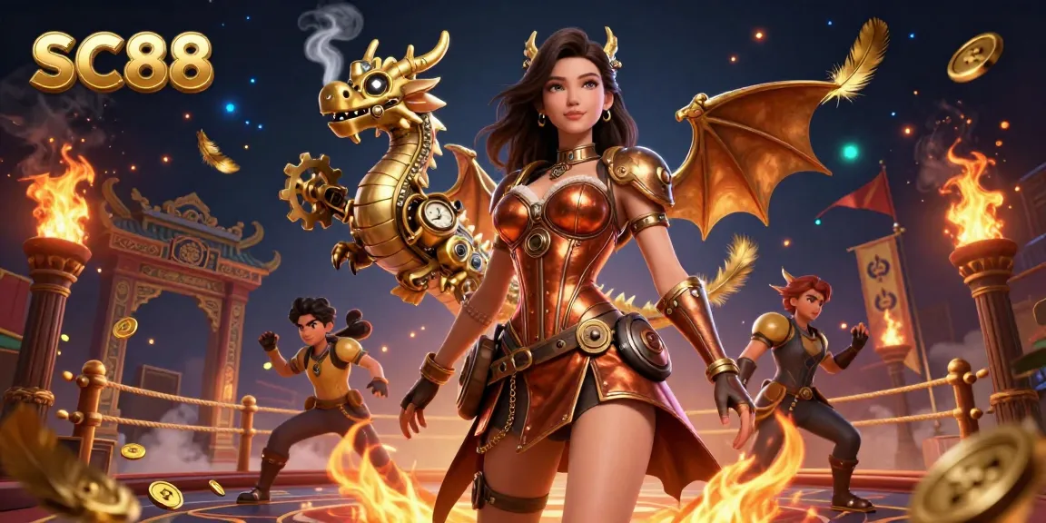 SC88 showcases an exciting casino scene with a dazzling steampunk heroine and a mechanical dragon amidst swirling golden elements.