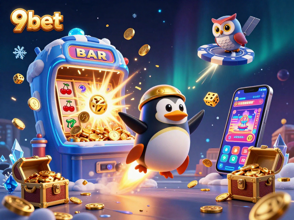 Join the 9bet adventure with a rocket penguin, golden coins, and vibrant slot machine action.