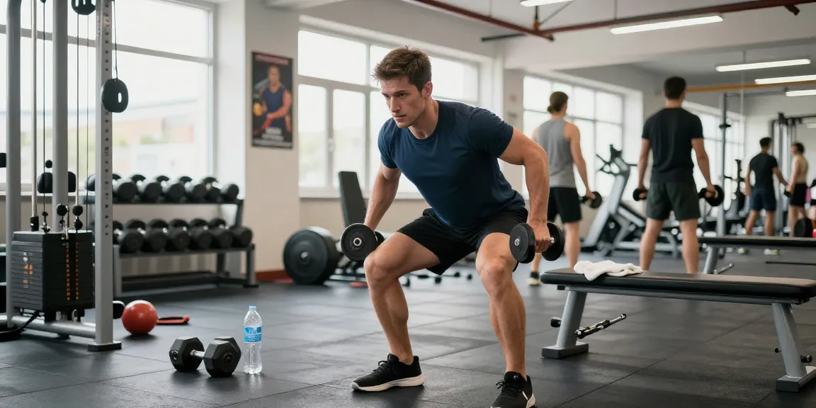 Mann, der im Fitnessstudio trainiert und die Fitnessprodukte von Medi Pharma Shop sowie die Wellness-Reise betont.