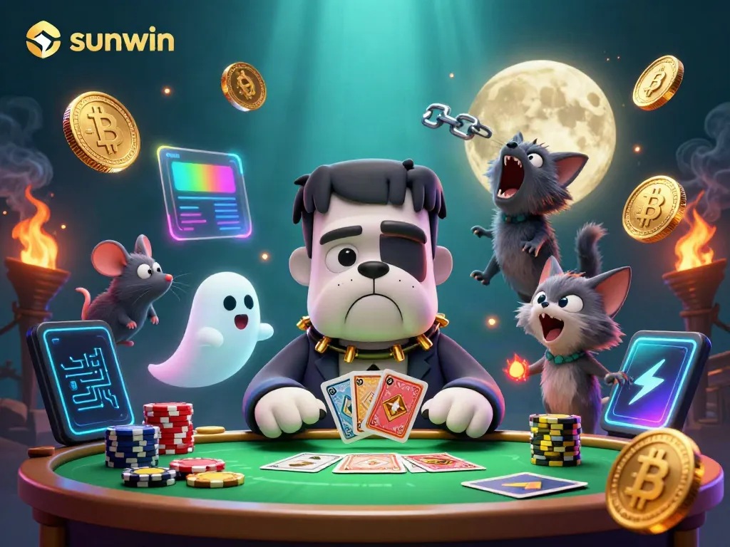 Experience thrilling gameplay at sunwin with exciting cards and glowing cryptocurrency elements.